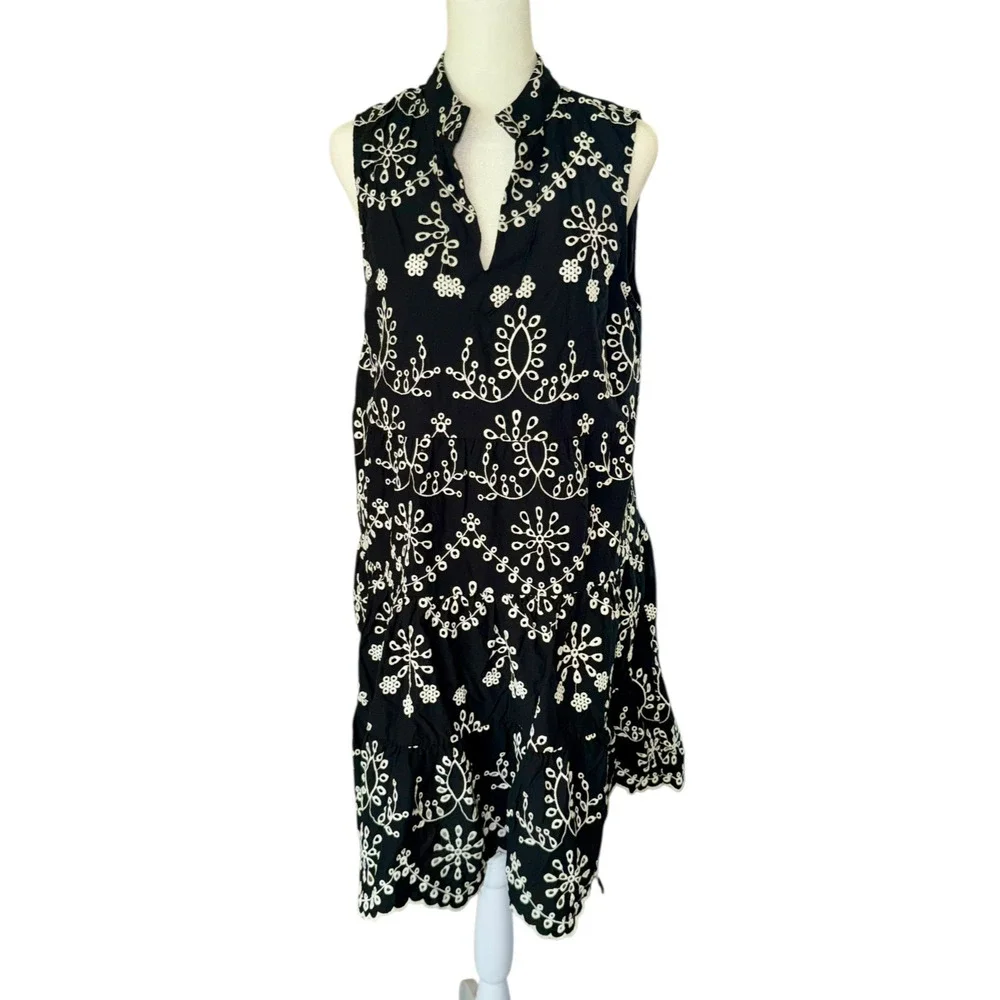 Karen Kane Black White Embroidered Cotton SleevelessDress Large Boho Cottagecore - Picture 2 of 9